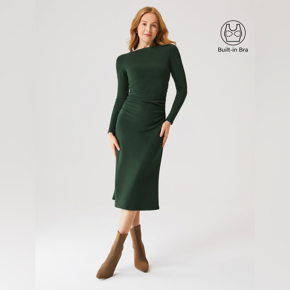 OGL Long Sleeve Green Midi Dress with Ruched Waist Boatneck EUC Size Medium